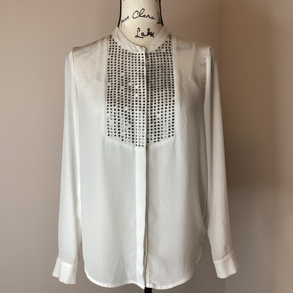 Long Sleeve White Blouse Tunic Top Silver Rhinestones Hidden Buttons Size XSmall - Picture 1 of 12